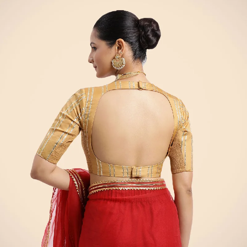 Shaheen x Tyohaar | Gold Elbow Sleeves FlexiFit™ Saree Blouse with Zero Neck with Back Cut-Out and Golden Gota Embellishment