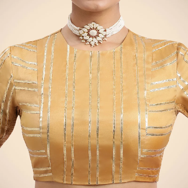 Shaheen x Tyohaar | Gold Elbow Sleeves FlexiFit™ Saree Blouse with Zero Neck with Back Cut-Out and Golden Gota Embellishment