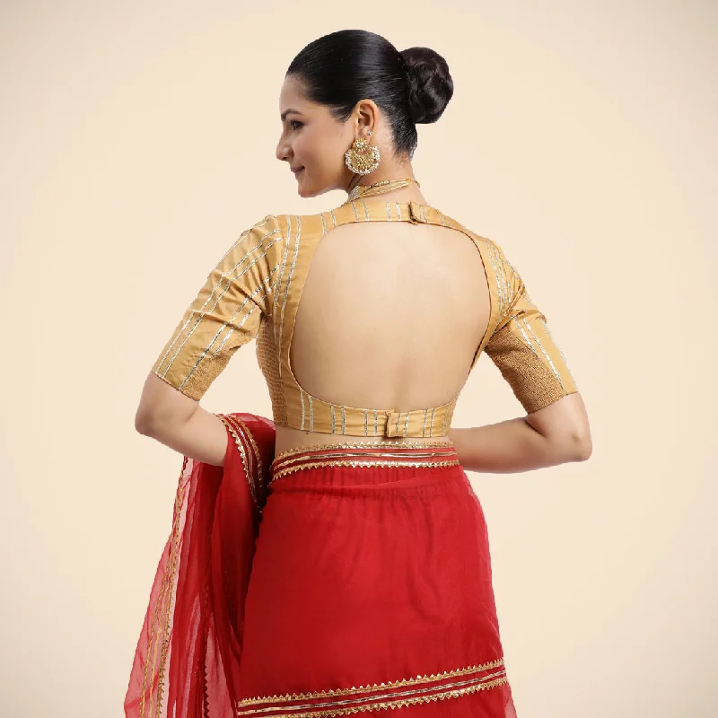 Shaheen x Tyohaar | Gold Elbow Sleeves FlexiFit™ Saree Blouse with Zero Neck with Back Cut-Out and Golden Gota Embellishment