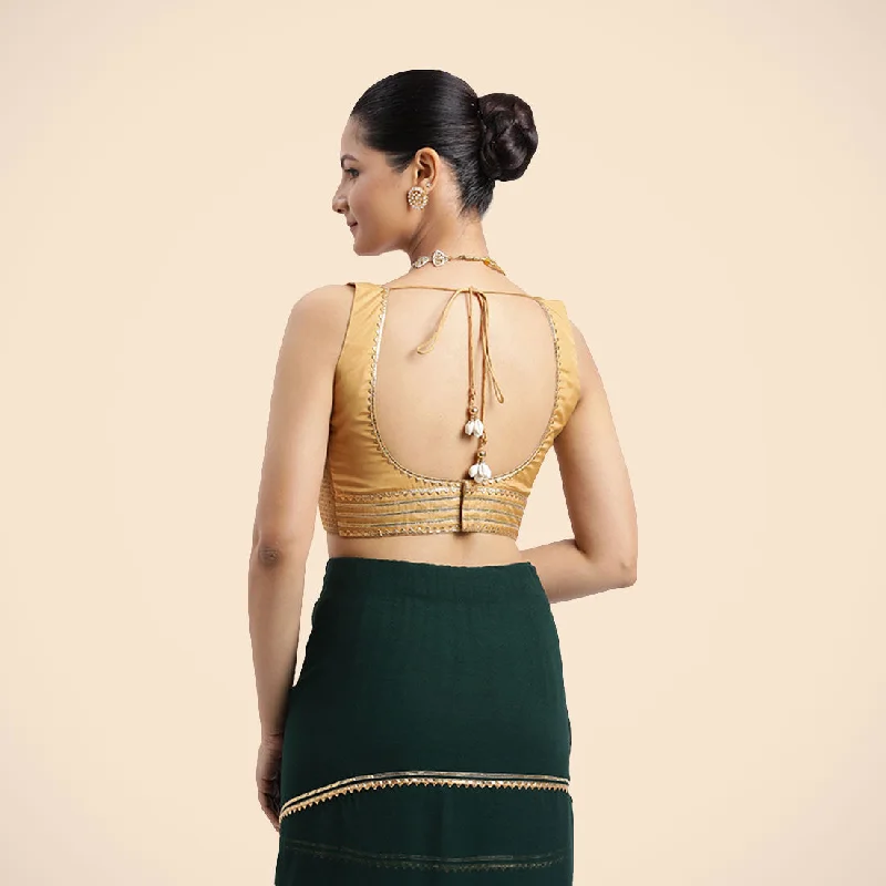 Tanvi x Tyohaar | Gold Sleeveless FlexiFit™ Saree Blouse with Square Front Neck and Deep Back with Dori and Golden Gota Embellishment