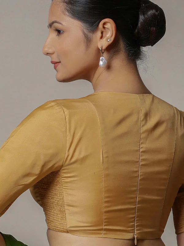 Zeenat x Rozaana | Gold Elbow Sleeves FlexiFit™ Saree Blouse with Plunging Neckline