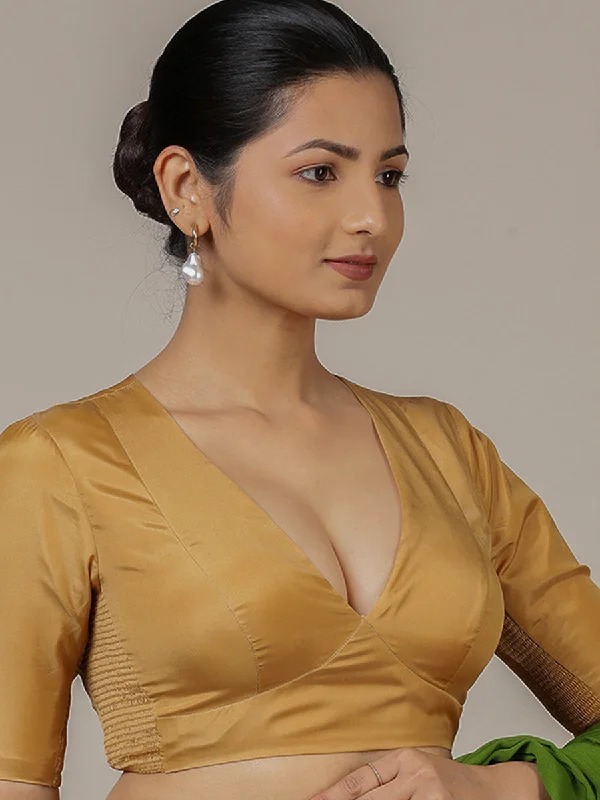 Zeenat x Rozaana | Gold Elbow Sleeves FlexiFit™ Saree Blouse with Plunging Neckline