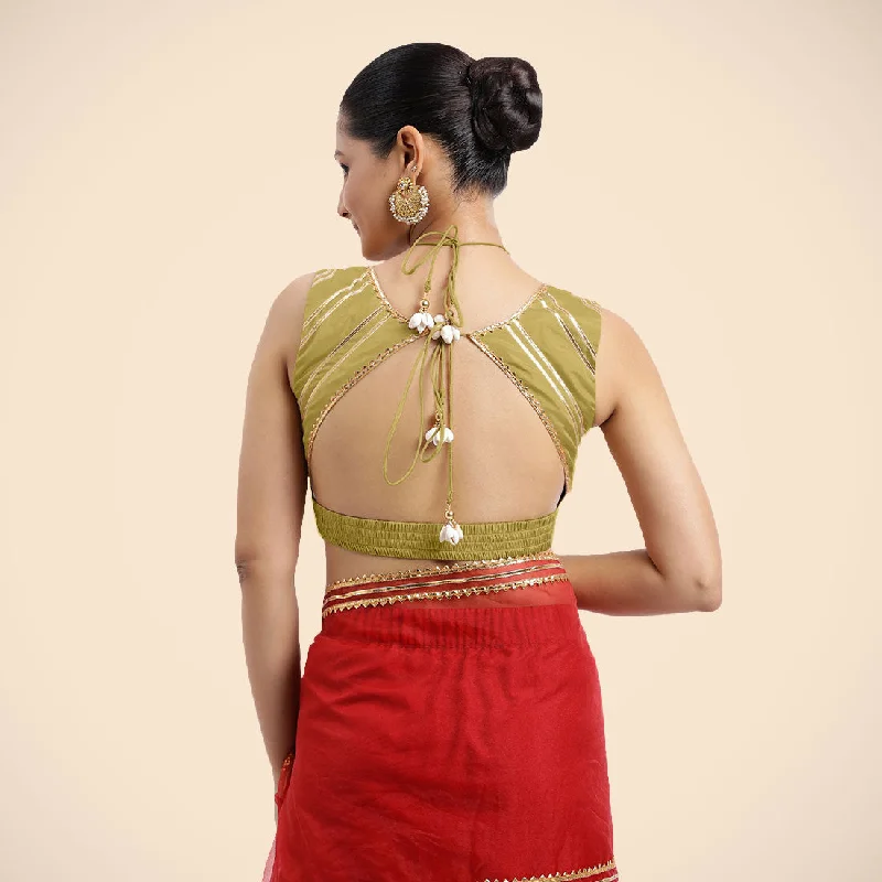 Ahana x Tyohaar | Lemon Yellow Sleeveless FlexiFit™ Saree Blouse with Plunging Neckline and Back Cut Out with Tasteful Golden Gota Lace Embellishment