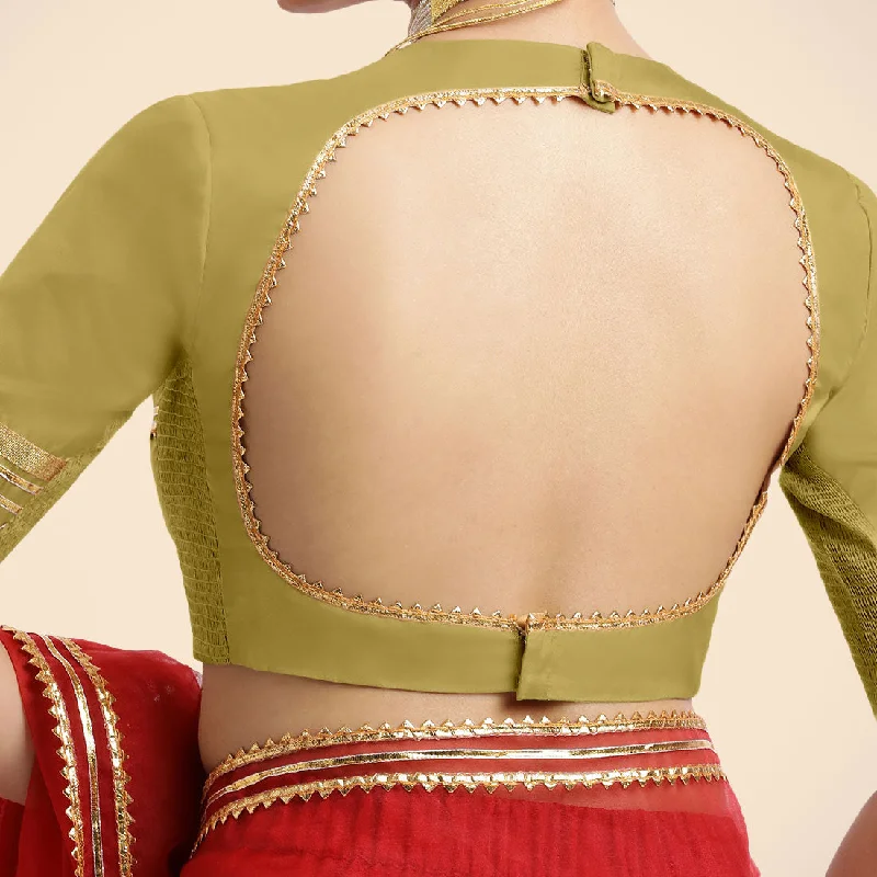 Farheen x Tyohaar | Lemon Yellow Embellished Elbow Sleeves FlexiFit™ Saree Blouse with Zero Neck with Back Cut-Out and Golden Gota Embellishment