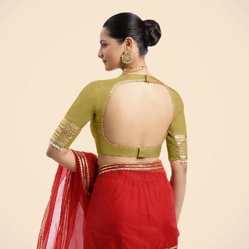 Farheen x Tyohaar | Lemon Yellow Embellished Elbow Sleeves FlexiFit™ Saree Blouse with Zero Neck with Back Cut-Out and Golden Gota Embellishment