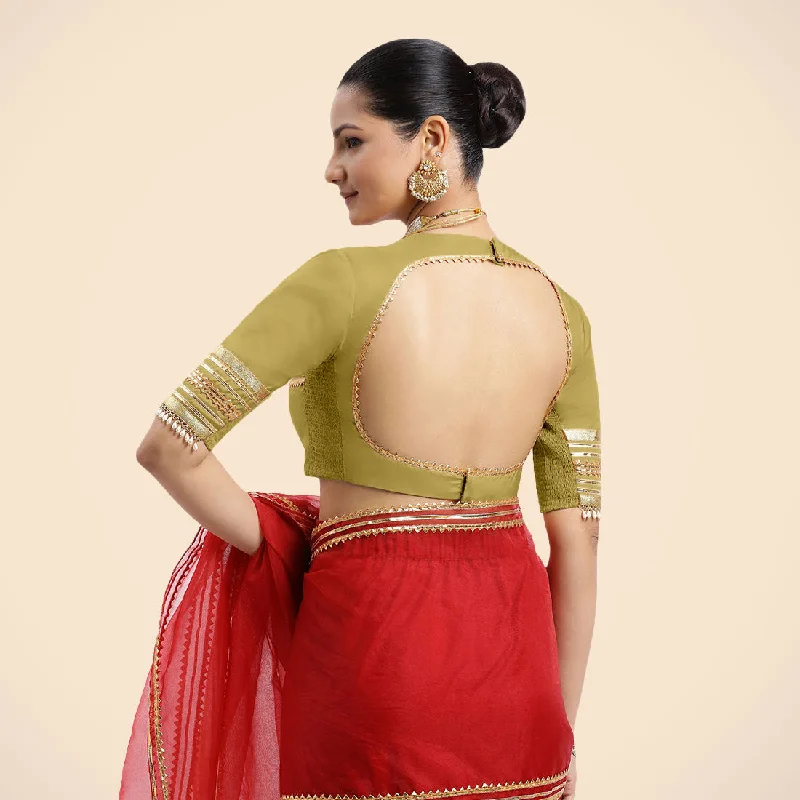 Farheen x Tyohaar | Lemon Yellow Embellished Elbow Sleeves FlexiFit™ Saree Blouse with Zero Neck with Back Cut-Out and Golden Gota Embellishment