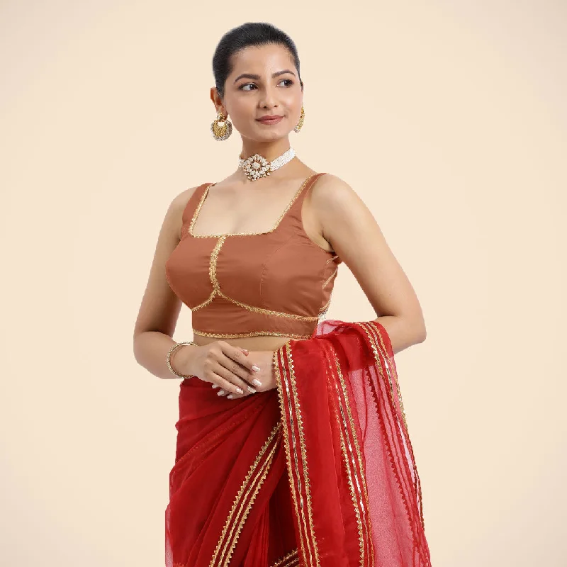 Arya x Tyohaar | Metallic Copper Sleeveless FlexiFit™ Saree Blouse with Square Neck and Back Window Embeliished with Golden Gota and Pearl Lace