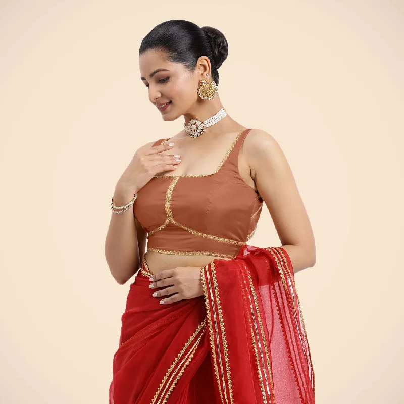 Arya x Tyohaar | Metallic Copper Sleeveless FlexiFit™ Saree Blouse with Square Neck and Back Window Embeliished with Golden Gota and Pearl Lace