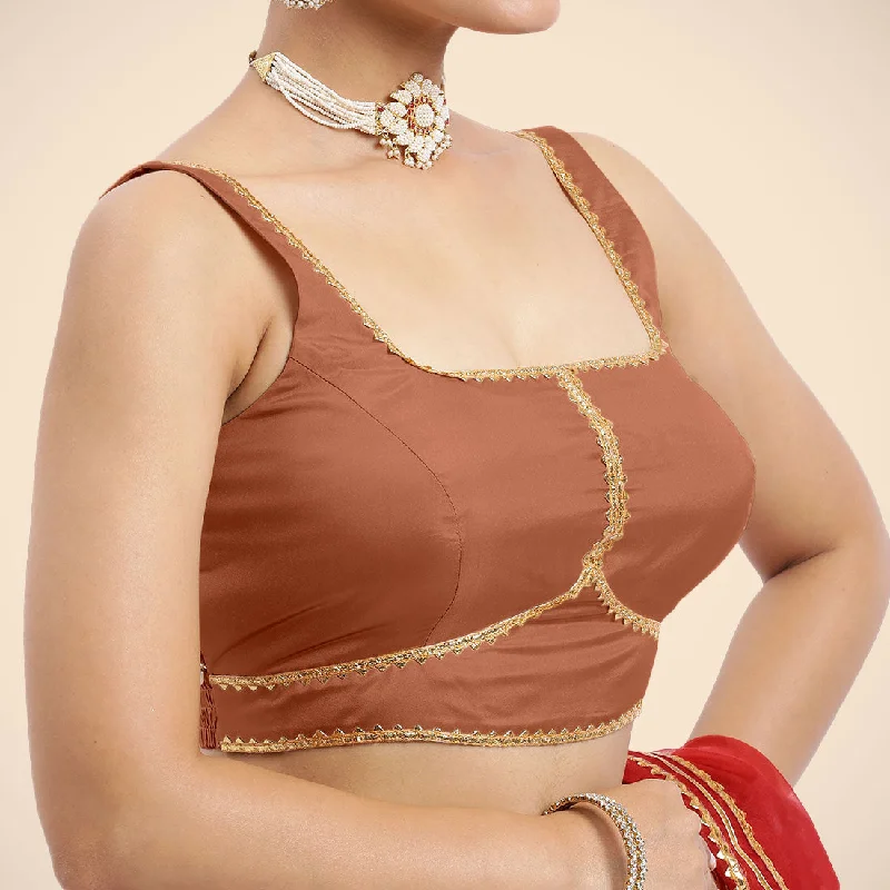 Arya x Tyohaar | Metallic Copper Sleeveless FlexiFit™ Saree Blouse with Square Neck and Back Window Embeliished with Golden Gota and Pearl Lace