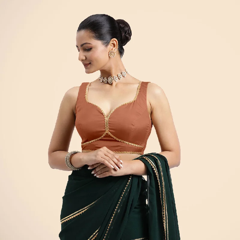 Ishika x Tyohaar | Metallic Copper Sleeveless FlexiFit™ Saree Blouse with Beetle Leaf Neckline with Golden Gota Lace and Back Cut-out with Tie-Up