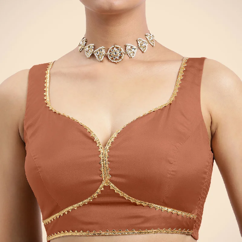 Ishika x Tyohaar | Metallic Copper Sleeveless FlexiFit™ Saree Blouse with Beetle Leaf Neckline with Golden Gota Lace and Back Cut-out with Tie-Up