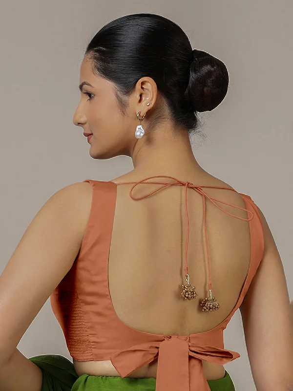 Raisa x Rozaana | Metallic Copper Sleeveless FlexiFit™ Saree Blouse with Simple V Neckline and Back Cut-out with Tie-Up