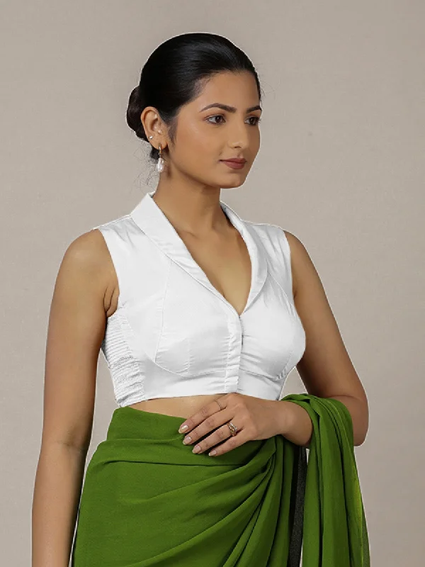 Avni x Rozaana | Pearl White Sleeveless FlexiFit™ Saree Blouse with Elegant Shawl Collar