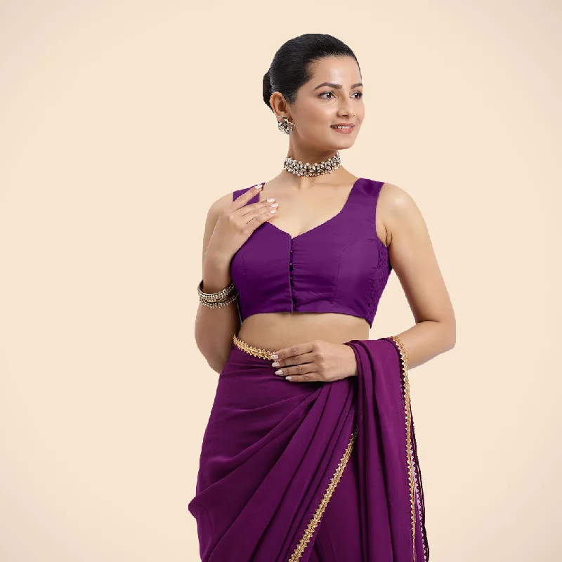 Nazia x Rozaana | Purple Sleeveless FlexiFit™ Saree Blouse with Front Open Curved V Neckline with Deep Back and Dori