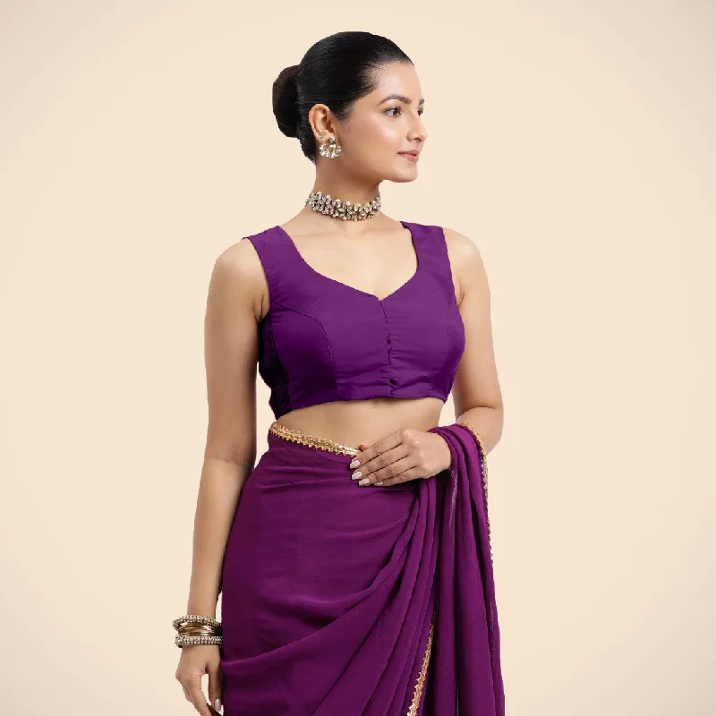 Nazia x Rozaana | Purple Sleeveless FlexiFit™ Saree Blouse with Front Open Curved V Neckline with Deep Back and Dori