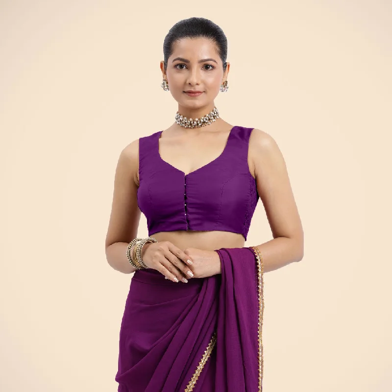 Nazia x Rozaana | Purple Sleeveless FlexiFit™ Saree Blouse with Front Open Curved V Neckline with Deep Back and Dori