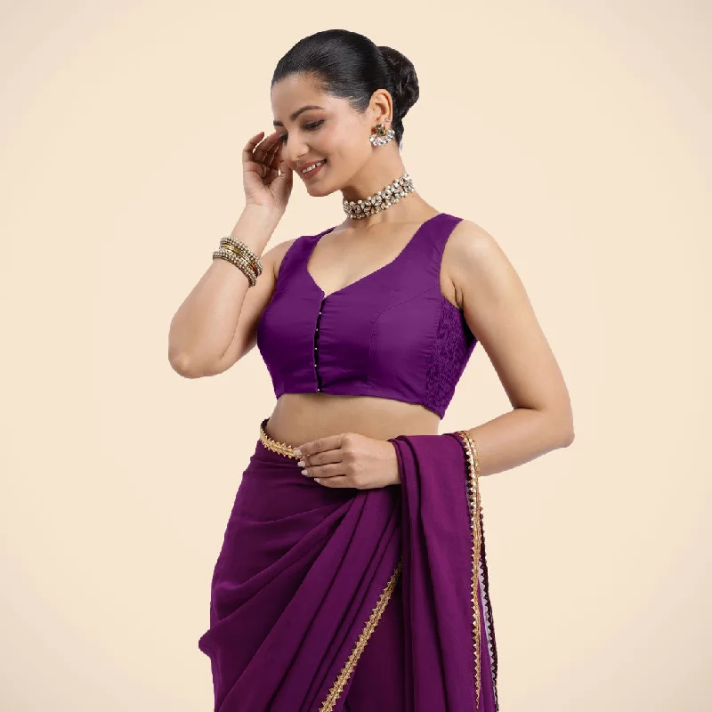 Nazia x Rozaana | Purple Sleeveless FlexiFit™ Saree Blouse with Front Open Curved V Neckline with Deep Back and Dori