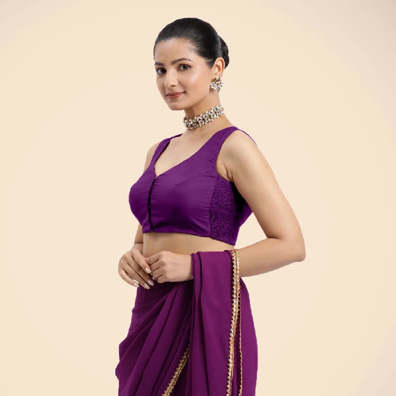 Nazia x Rozaana | Purple Sleeveless FlexiFit™ Saree Blouse with Front Open Curved V Neckline with Deep Back and Dori