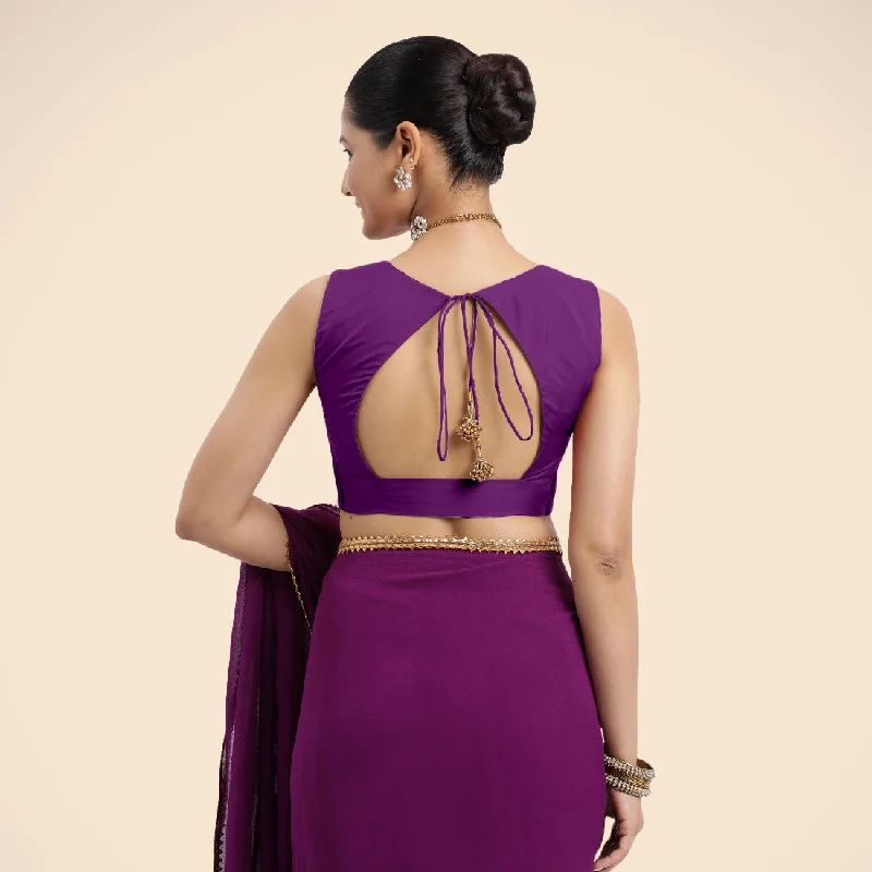 Nazia x Rozaana | Purple Sleeveless FlexiFit™ Saree Blouse with Front Open Curved V Neckline with Deep Back and Dori