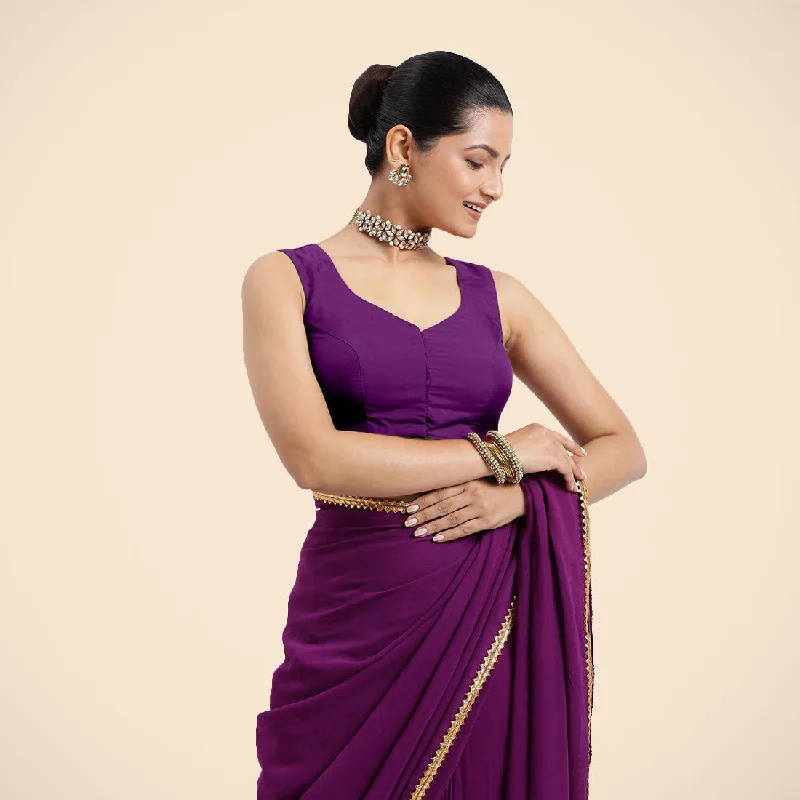 Nazia x Rozaana | Purple Sleeveless FlexiFit™ Saree Blouse with Front Open Curved V Neckline with Deep Back and Dori