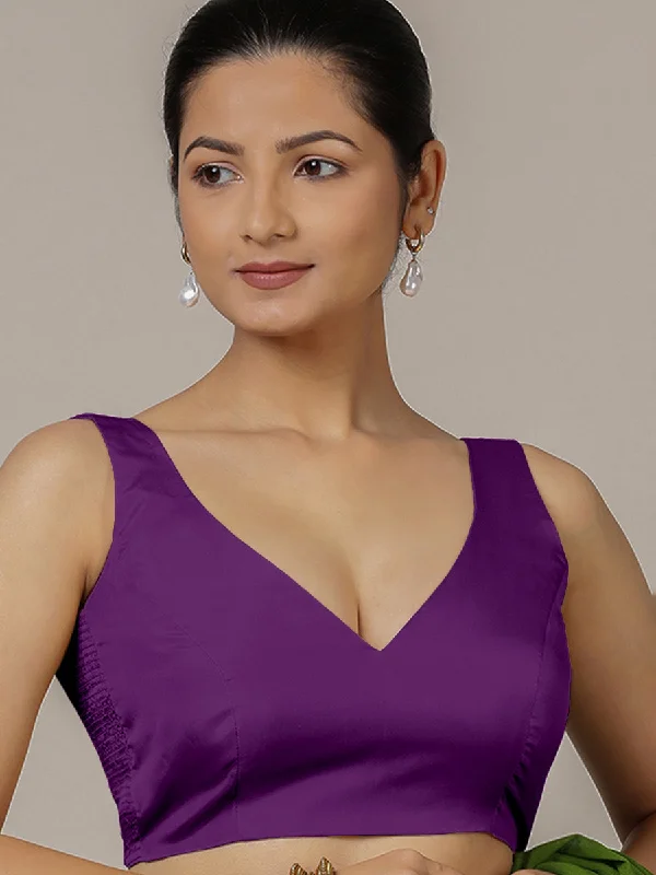 Raisa x Rozaana | Purple Sleeveless FlexiFit™ Saree Blouse with Simple V Neckline and Back Cut-out with Tie-Up