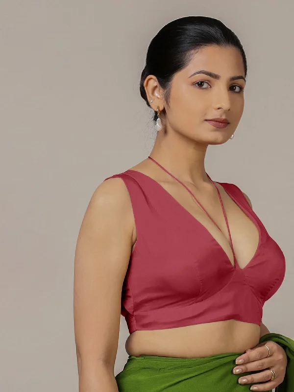 Ahana x Rozaana | Rani Pink Sleeveless FlexiFit™ Saree Blouse with Plunging Neckline and Back Cut Out with Tie-up