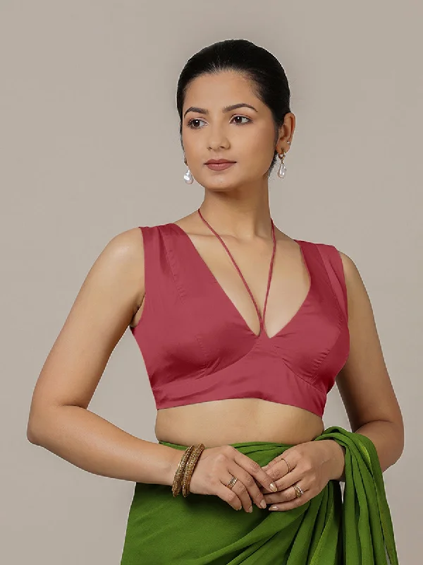 Ahana x Rozaana | Rani Pink Sleeveless FlexiFit™ Saree Blouse with Plunging Neckline and Back Cut Out with Tie-up