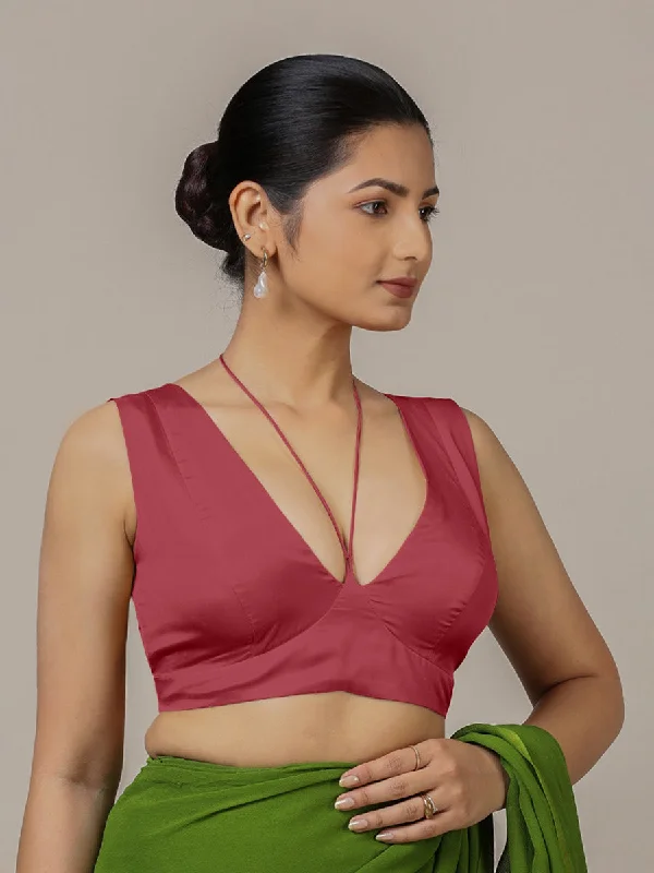 Ahana x Rozaana | Rani Pink Sleeveless FlexiFit™ Saree Blouse with Plunging Neckline and Back Cut Out with Tie-up