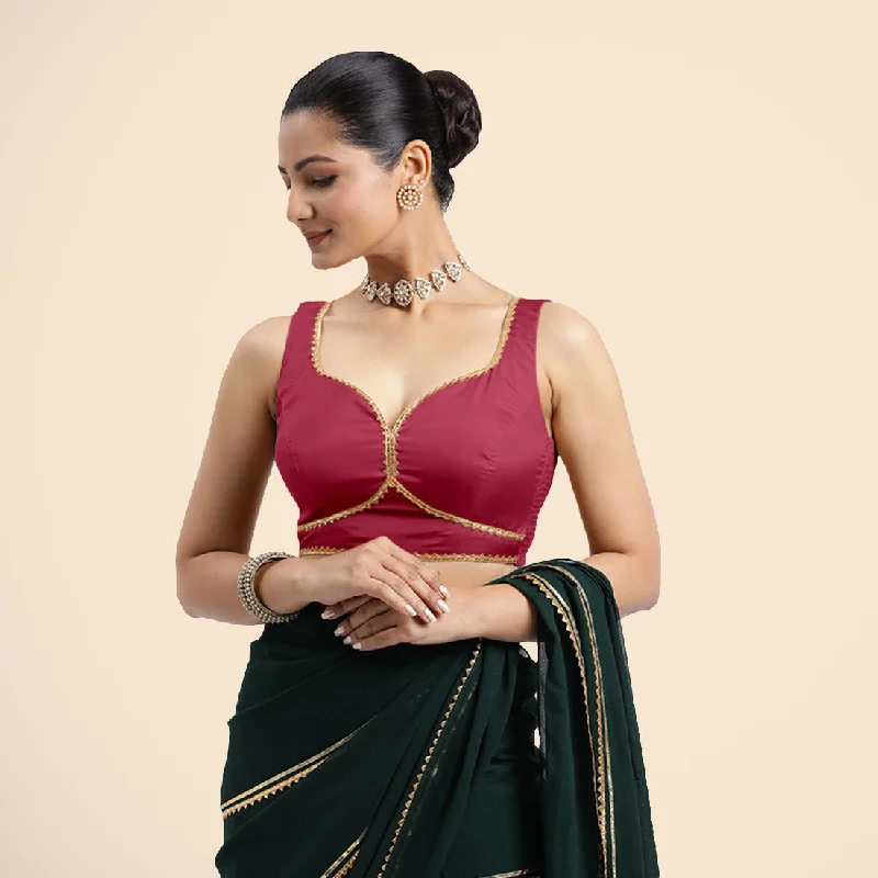 Ishika x Tyohaar | Rani Pink Sleeveless FlexiFit™ Saree Blouse with Beetle Leaf Neckline with Golden Gota Lace and Back Cut-out with Tie-Up