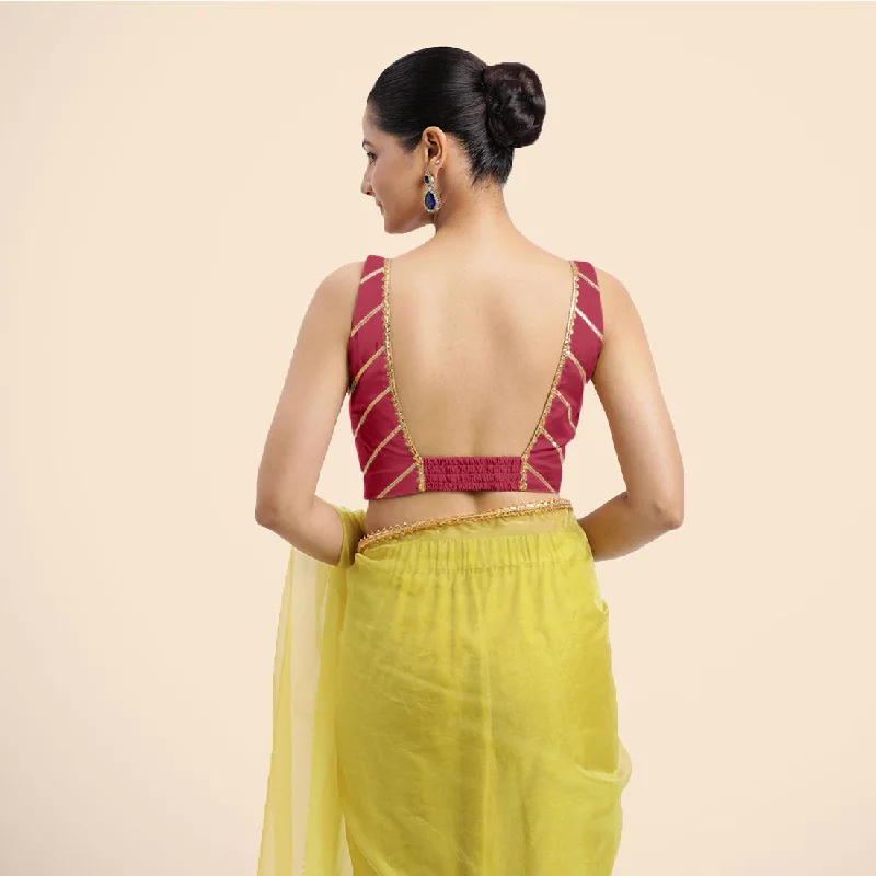 Zeba x Tyohaar | Rani Pink Sleeveless FlexiFit™ Saree Blouse with Square Neck with Golden Gota Lace and Deep Back