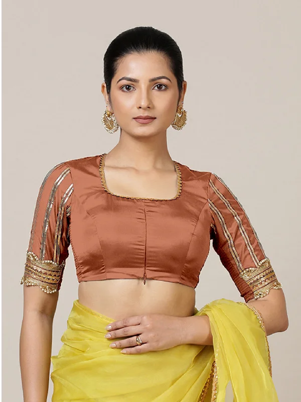 Aziza x Tyohaar | Elbow Sleeves Saree Blouse in Metallic Copper