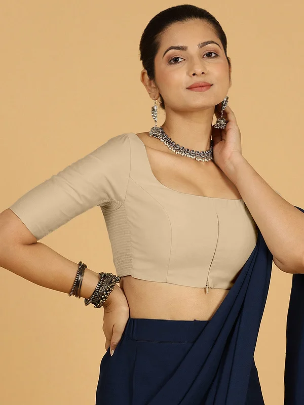 Nidhi x Rozaana | Elbow Sleeves Saree Blouse in Oyster Grey