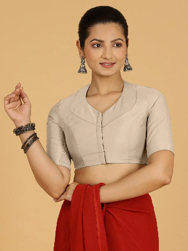 Pallavi x Rozaana | Elbow Sleeves Saree Blouse in Oyster Grey