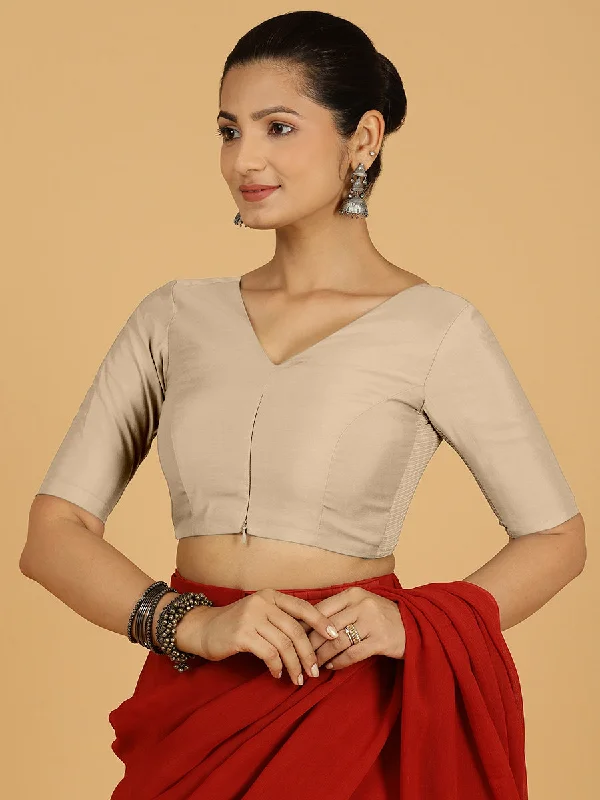 Shabana x Rozaana | Elbow Sleeves Saree Blouse in Oyster Grey