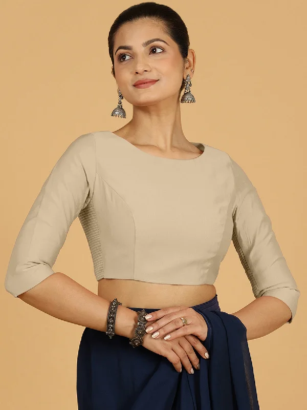 Tamanna x Rozaana | Three Quarter Sleeves Saree Blouse in Oyster Grey