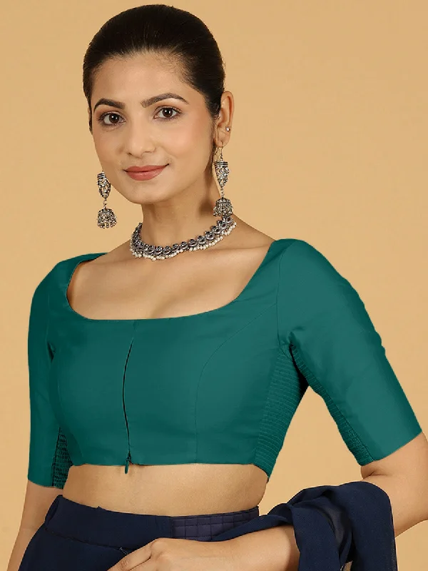 Nidhi x Rozaana | Elbow Sleeves Saree Blouse in Peacock Green