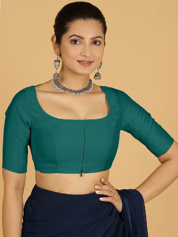 Nidhi x Rozaana | Elbow Sleeves Saree Blouse in Peacock Green