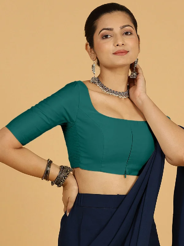 Nidhi x Rozaana | Elbow Sleeves Saree Blouse in Peacock Green