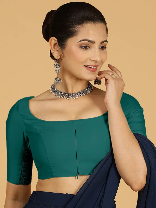 Nidhi x Rozaana | Elbow Sleeves Saree Blouse in Peacock Green