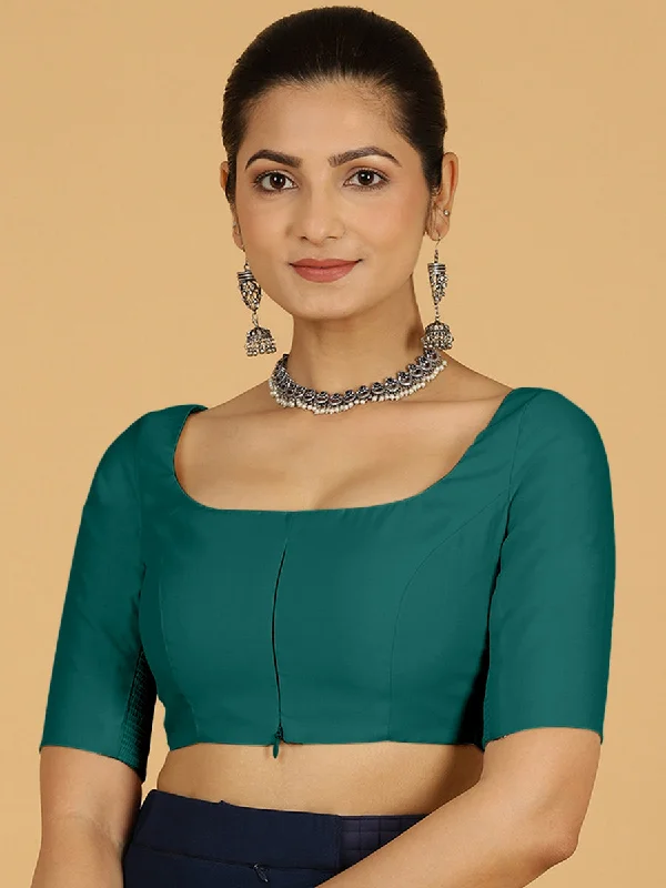 Nidhi x Rozaana | Elbow Sleeves Saree Blouse in Peacock Green