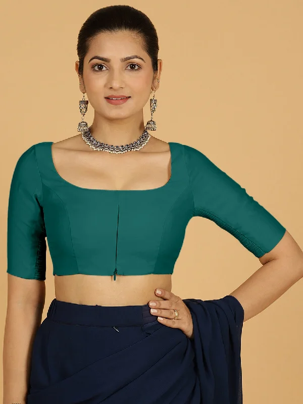 Nidhi x Rozaana | Elbow Sleeves Saree Blouse in Peacock Green