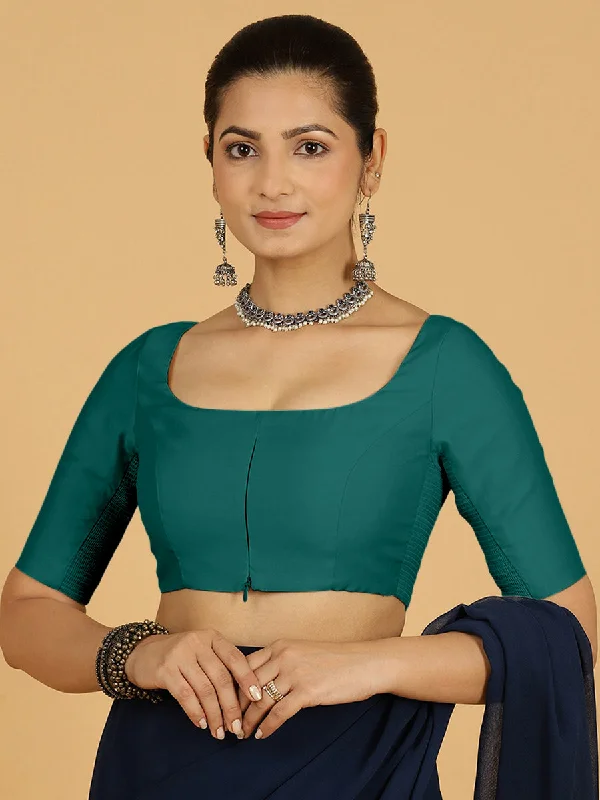 Nidhi x Rozaana | Elbow Sleeves Saree Blouse in Peacock Green