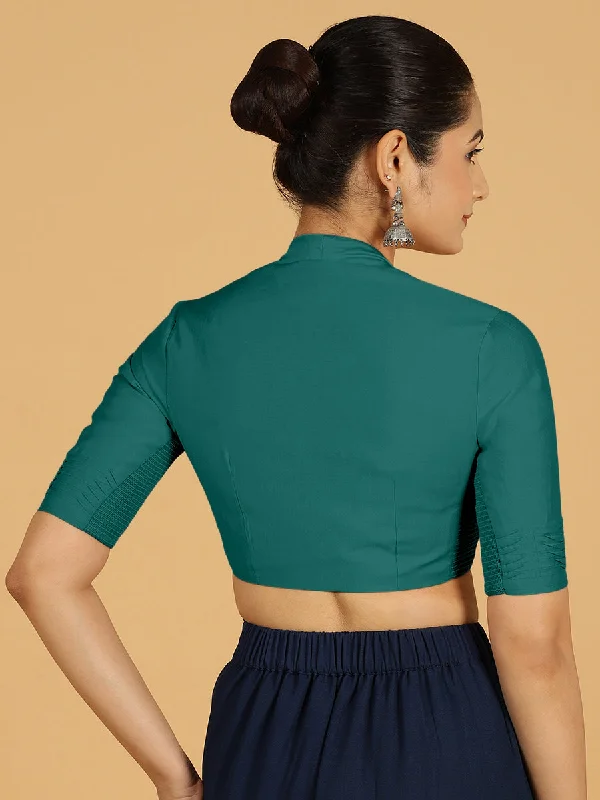 Salma x Rozaana | Elbow Sleeves Saree Blouse in Peacock Green