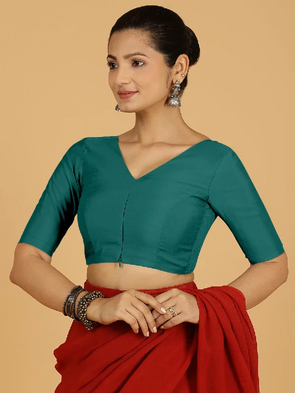 Shabana x Rozaana | Elbow Sleeves Saree Blouse in Peacock Green