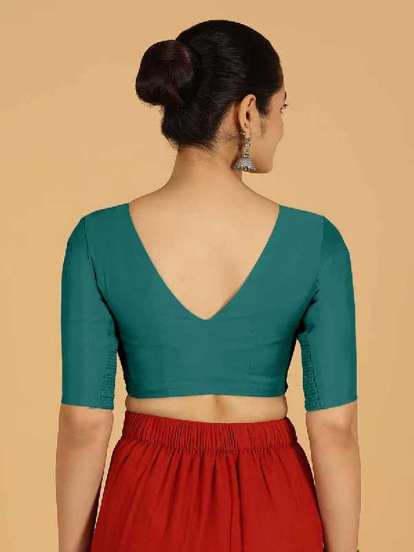 Shabana x Rozaana | Elbow Sleeves Saree Blouse in Peacock Green