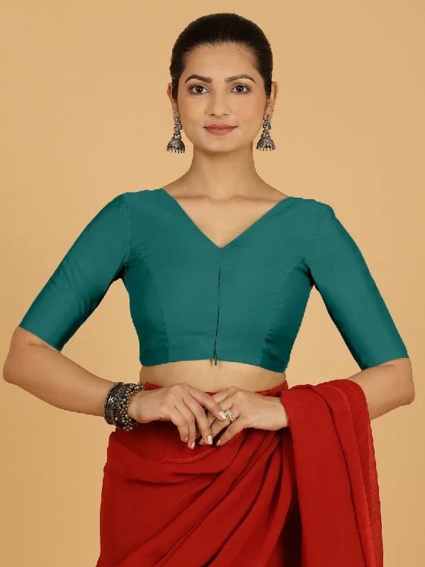 Shabana x Rozaana | Elbow Sleeves Saree Blouse in Peacock Green