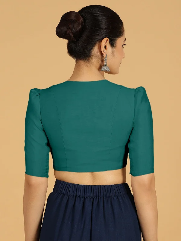 Shravani x Rozaana | Puff Sleeves Saree Blouse in Peacock Green