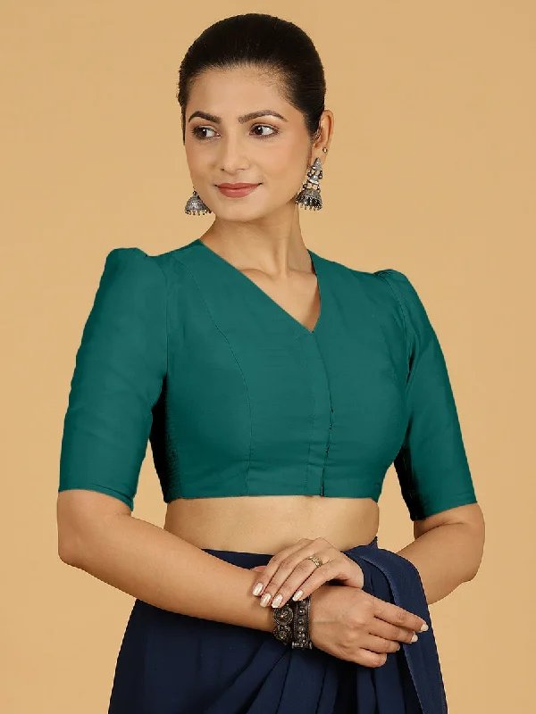 Shravani x Rozaana | Puff Sleeves Saree Blouse in Peacock Green