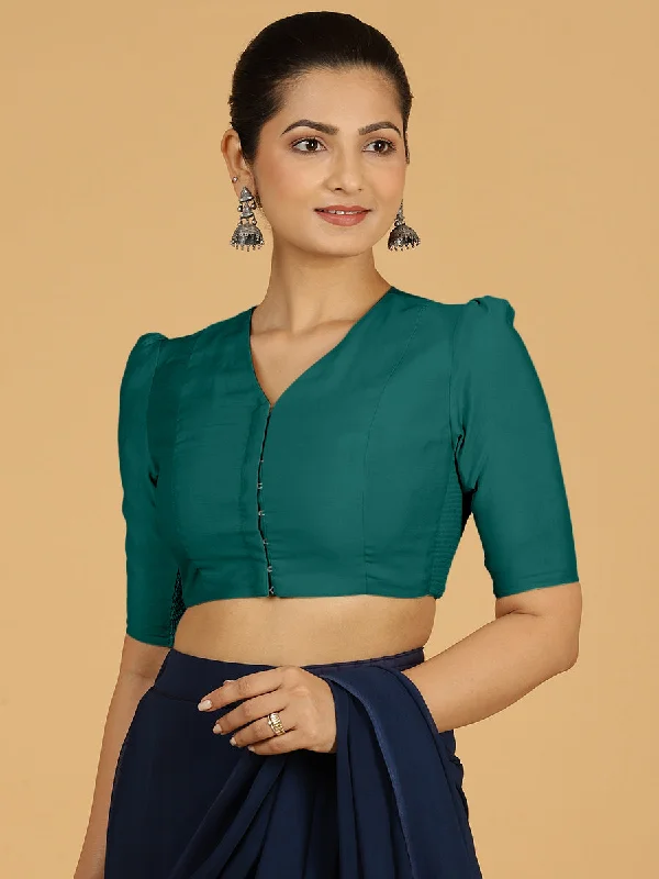 Shravani x Rozaana | Puff Sleeves Saree Blouse in Peacock Green