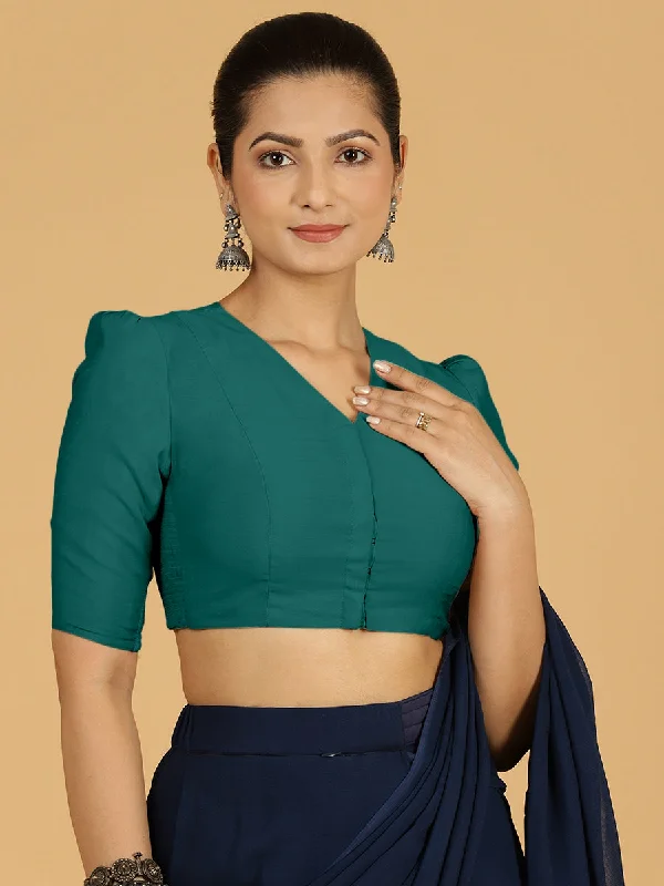 Shravani x Rozaana | Puff Sleeves Saree Blouse in Peacock Green